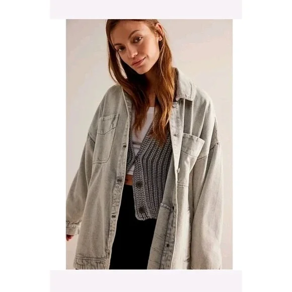 Free People Madison City Denim Jacket XL Frosted Earth Oversized Cotton Boho NWT - Picture 1 of 15